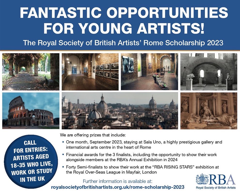Applications for our 2023 Rome Scholarship are now open! 🇮🇹

One lucky artist will be awarded Four weeks at Sala Uno Gallery in Rome (including flights, half board meals and £1000 prize money!)

Click the Link in our Bio to apply! Deadline: Friday 2nd December 2022