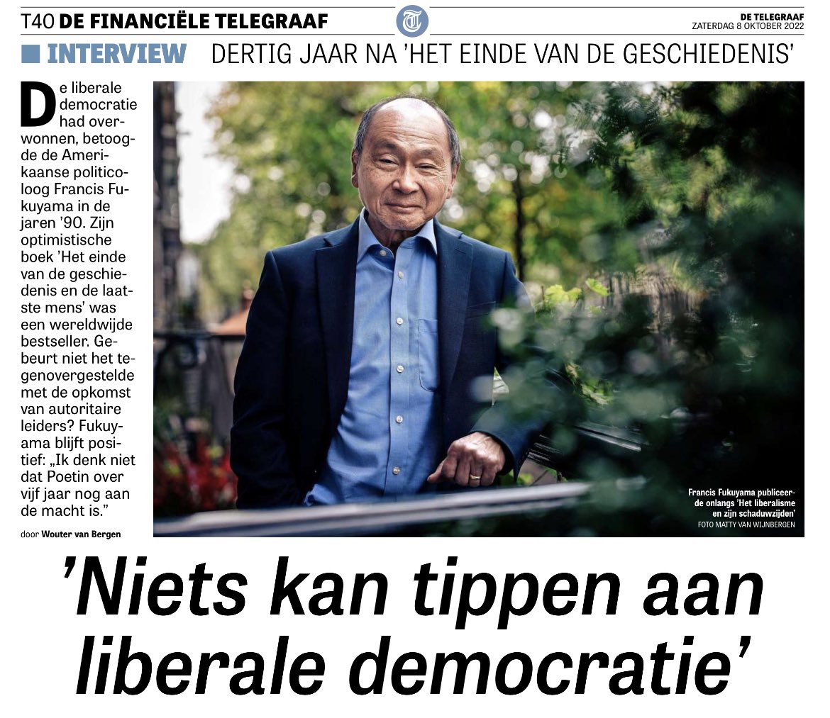 Mooie en wijze woorden ⁦<a href="/telegraaf/">De Telegraaf</a>⁩ van <a href="/FrancisFukuyama/">notFrancis Fukuyama</a> groot denker waar ik ooit op afgestudeerd ben. Grote bedreiging liberale democratie van rechtse (autocratisch nationalisme) en in mindere mate linkse identiteitspolitiek. Maar niet kan tippen aan liberale democratie!