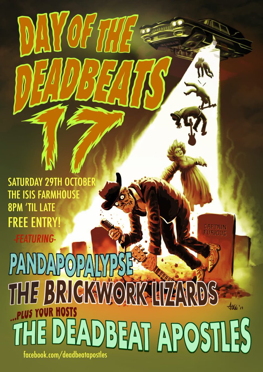Deadbeats_Apos's tweet photo. It’s back! Saturday 29th October @riverfarmhouse 🍺 Save the date for a helluva Halloween 🎃 as we reach number 1️⃣7️⃣ Joined by the most excellent @pandapopalypse 🐼 and @brickworklizard 🦎Free entry from 8 💀#dotdb17 https://t.co/ABle5p9S6u