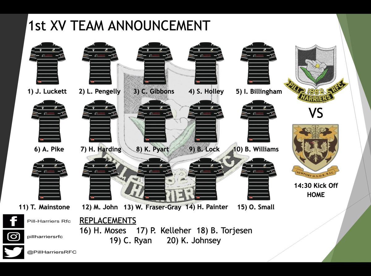 PillHarriersRFC's tweet photo. TEAM! Here are your Harriers 1st XV to take on NHSOB at Home today! Big day for the club, let’s add to the support🖤🖤 #UTFH https://t.co/V8WJhUKFy9