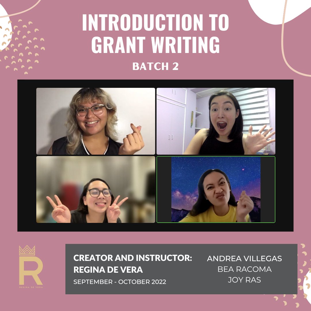 msreginadevera's tweet photo. Batch 2 of #IntrotoGrantWriting is comprised of all previous #ArtistBizStarterKit clients. Thank you very much for your trust!⁣
⁣
Andrea Villegas⁣
Bea Racoma⁣
Joy Ras⁣
⁣
#EmpoweringtheFilipinoArtist⁣
#grants #artistgrants #grantwriting #philippines #pinoyartists https://t.co/EnM9wjTQdd