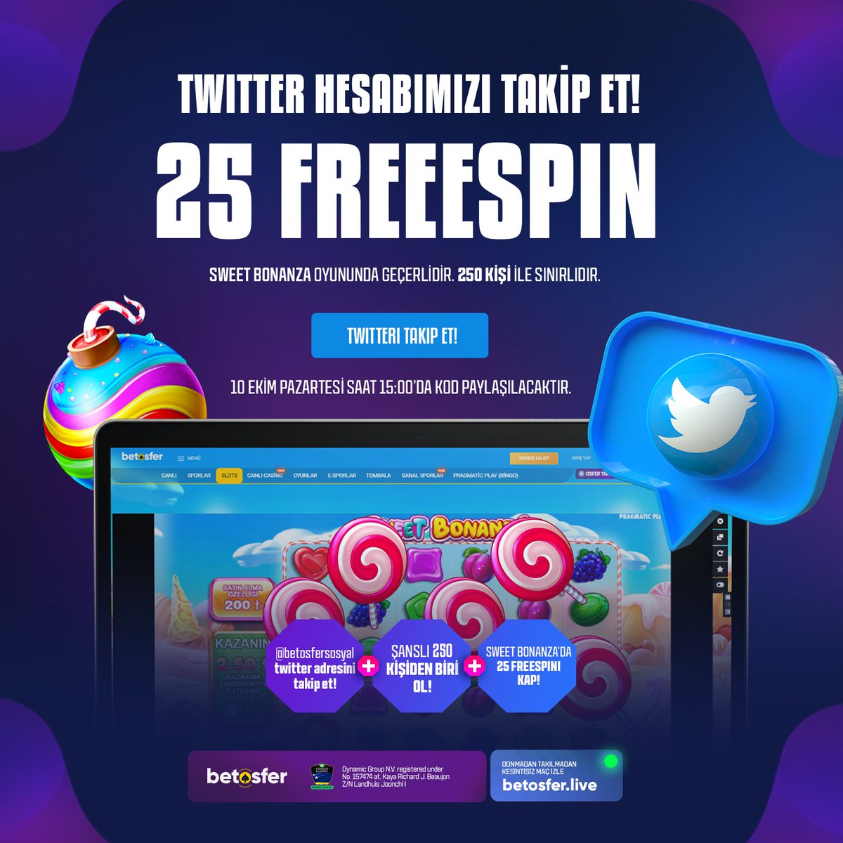 🎁Yenilenen twitter hesabımızı takip et, 25 Freespin kazan!

🍭10 Ekim pazartesi 15:00'a kadar hesabımızı takip eden üyelerimize 250 kişilik Sweet Bonanza kodu paylaşılacaktır.

👉Yapman gerekenler;

♻️Gönderiyi Retweetle,  
🐦Hesabımızı takip et ve 3 arkadaşını etiketle!