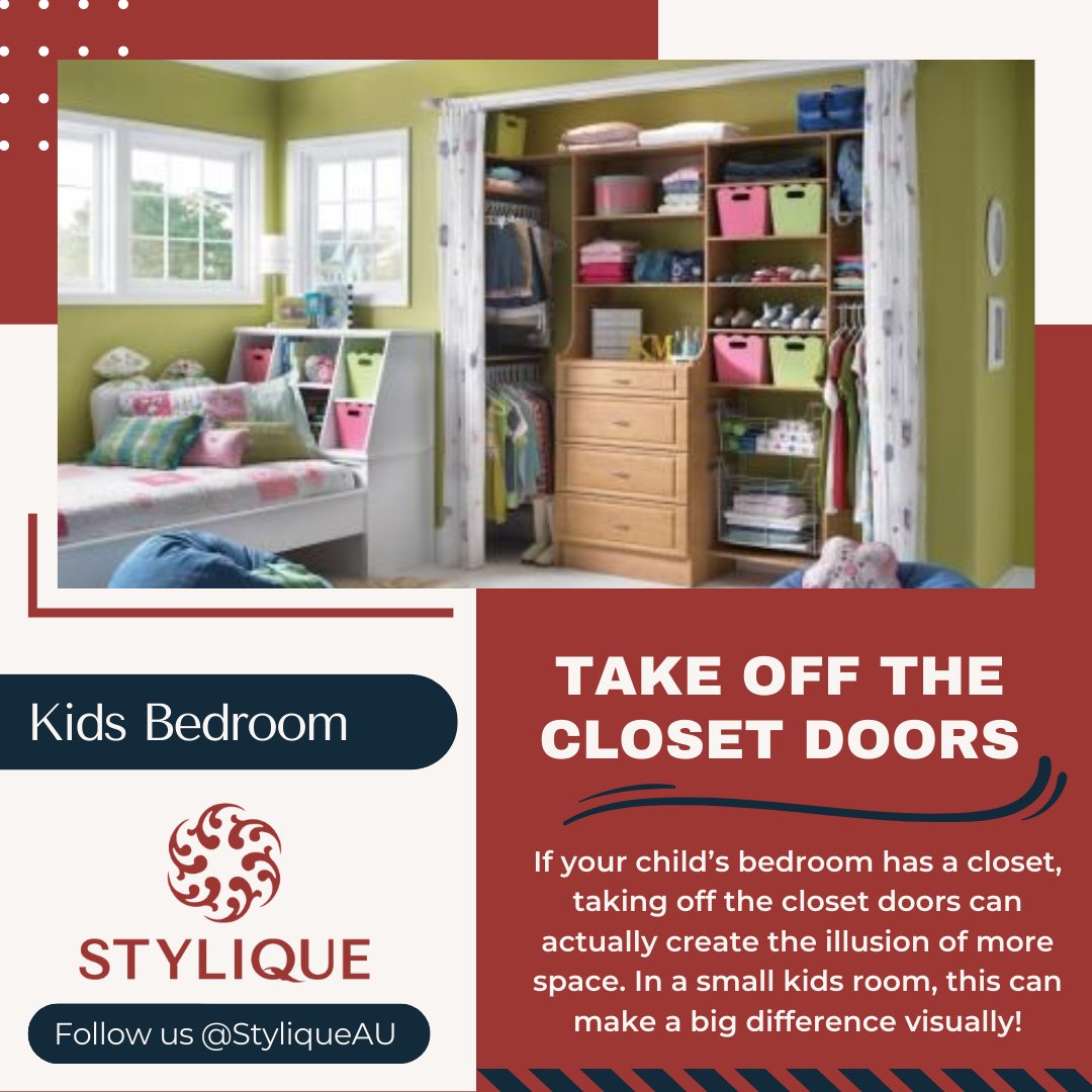 If your child’s bedroom has a closet, taking off the closet doors can actually create the illusion of more space. In a small kids room, this can make a big difference visually!😎

#kidsbedroomideas #kidsdesign #kidsroominspiration #kidsroom #kidsroomdecor #kids #interiordesign