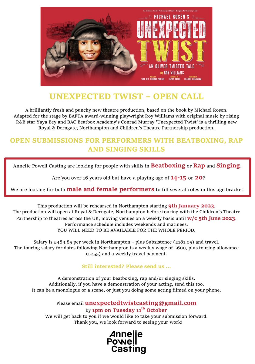AnneliePowell's tweet photo. Open call out from us for a new theatre production. With @RoyalDerngate @childrenstourP @rODIUMrECORDS @royboywilliams. Please rt and share. https://t.co/S6124WFL0A