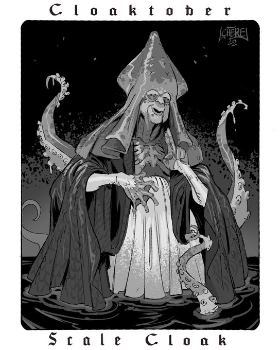 #Cloaktober 8. Scale Cloak
Numerous testimonies of sailors lost at sea tell of the appearance of a figure in bishop's habit emerging from the water, his chasuble covered with scales and his spasms were preached in a strange and unknown language. 