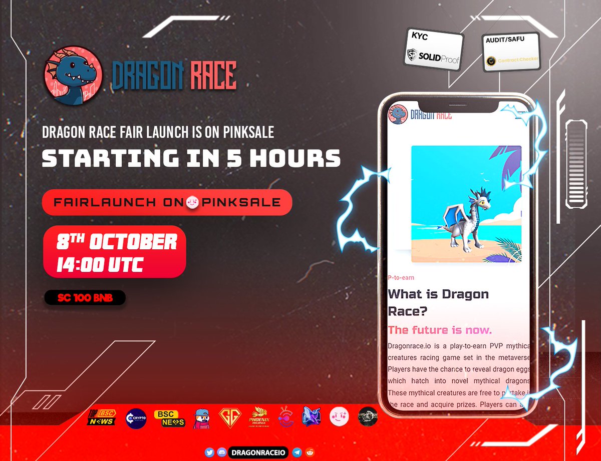 🚀@dragonraceio Fairlaunch is schedule on Pinksale
💰Softcap is 100 BNB
❤️‍🔥Buy 1% Fee, Sell 2% Fee
🎮Game Live
✅KYC, AUIDT &amp; SAFU 
play.dragonrace.io
Join: pinksale.finance/launchpad/0x59…
#Dragonrace #Dragace #SAFU #PINKSALE #GameFi #trade #Binance #BSC #PRESALE #staking