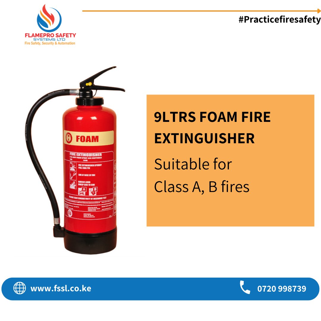 OfficialFssl's tweet image. The 9ltr Foam fire extinguisher is suitable for use on class A and B fires. It is generally used for fires involving flammable solids and liquids.

#practicefiresafety

Contact us

☎0720998739
✉️enquiries@fssl.co.ke
🌐fssl.co.ke

#fssl #firesafety #fireextinguisher