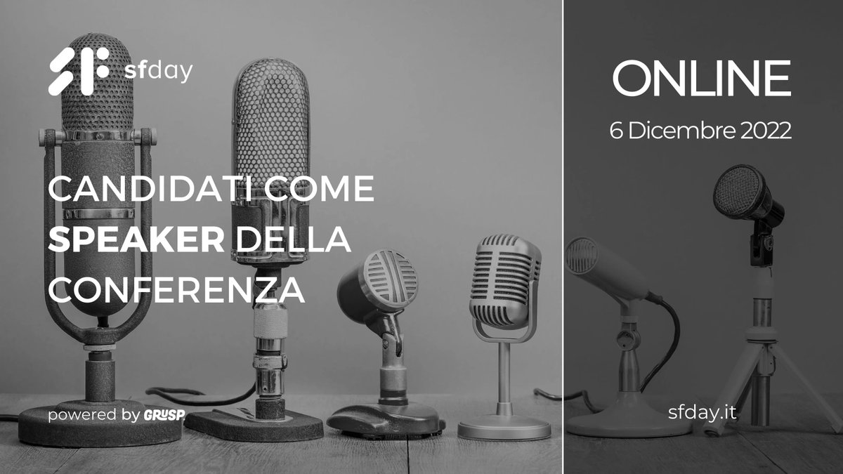 Manca solo una settimana per proporre il tuo talk alla #CFP di #sfday: buff.ly/3RkkXUR 

Hai tempo fino al 15.10.22

Ti spettiamo📍 Online il 📅 06.12.22 
🎫 buff.ly/3L3ki84

<a href="/grusp/">GrUSP</a> #sfday #symfony #php
