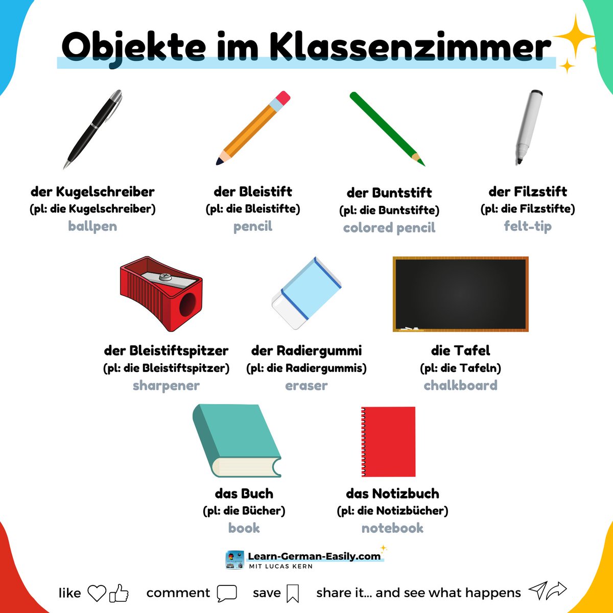 LearnXDGerman's tweet image. 🇩🇪

✏️📕📔 Learn more German vocabulary today!

These are a few objects you&apos;ll find in a classroom.

Save the picture so you always have your cheat sheet! 😉

Listen to more German vocabulary:
learn-german-easily.com/german-vocabul…

___
#learngermaneasily #learninggerman #germanwords
