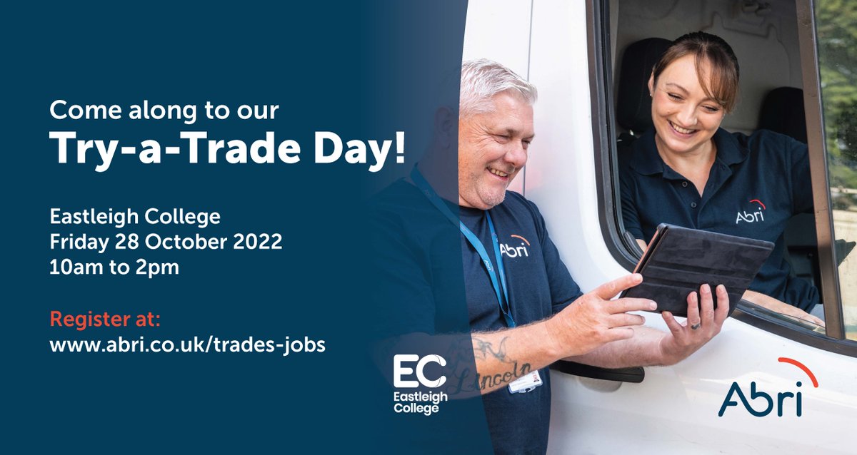 Eastleigh_Col's tweet photo. We are excited to announce the ‘Try-a-Trade Day’ by @Abrigroup taking place on Friday 28th October, 10:00 AM to 2:00 PM.
Join us for the Try-a-Trade Day to learn more about a career with Abri working as part of their skilled trades teams.
Book your space: https://t.co/DczhUYJXcV https://t.co/XOmvYoxn0V