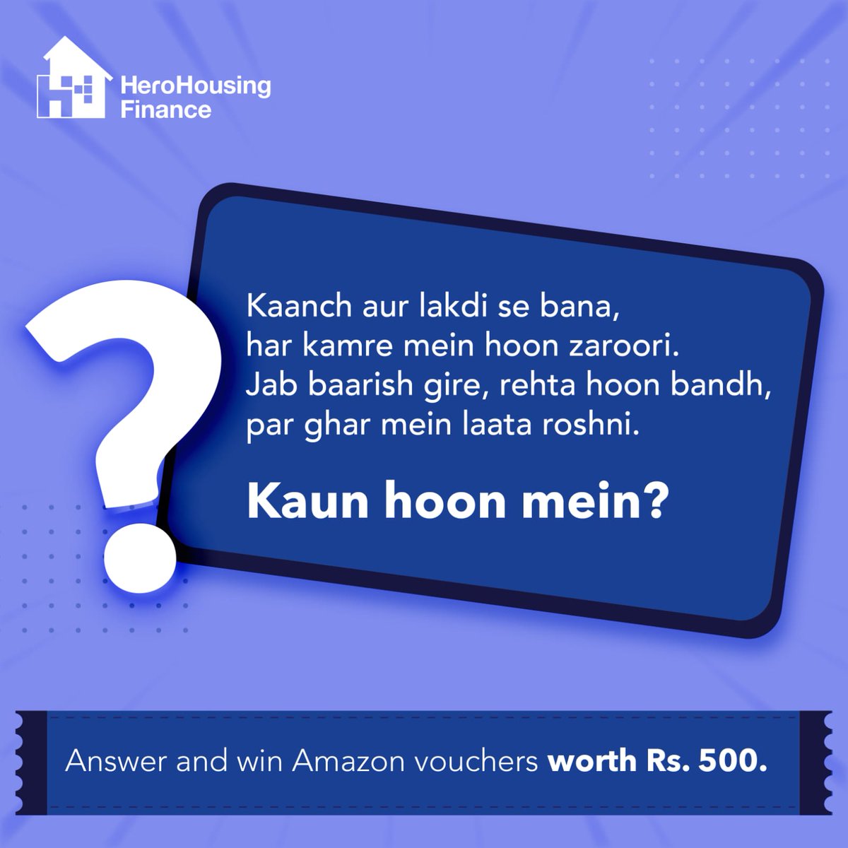 HeroHFL's tweet photo. Guess the right answer and take home an Amazon Voucher worth Rs. 500.
#ContestAlert #AmazonVoucher #Riddle #Contest #herohousingfinance #HeroHousingFinance #Hero https://t.co/0Qg2bnvZdS