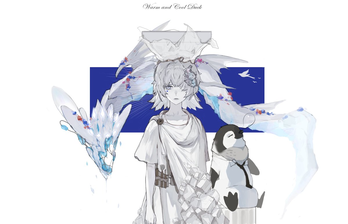 bird penguin short hair flower 1boy blue eyes looking at viewer  illustration images