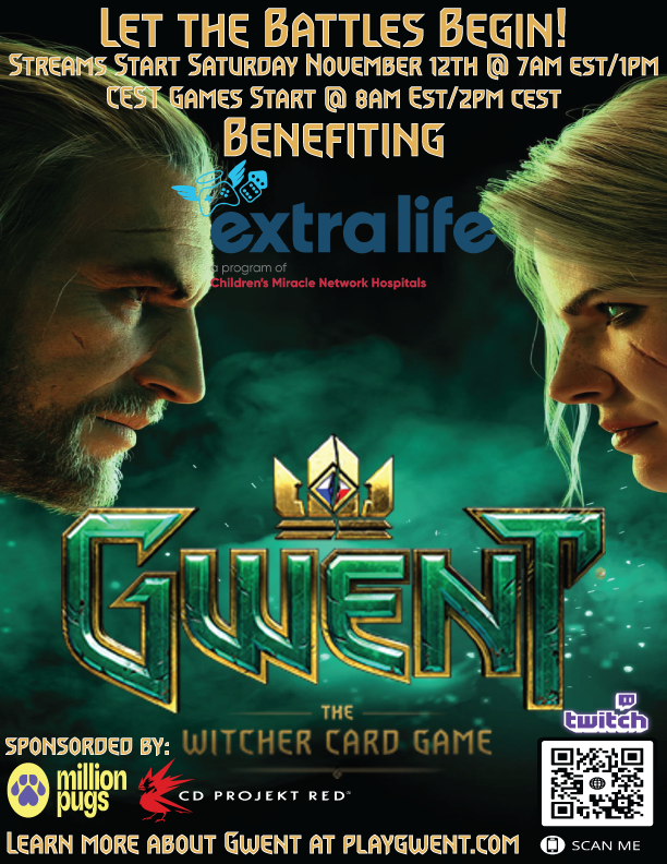 KyleTheBearded's tweet photo. On Saturday November 12th I will be hosting a Gwent Tournament to Benefit @ExtraLife4Kids. I want to think our AMAZING sponsors @MillionPugs &amp; @PlayGwent for putting up an AWESOME Prize Pool! Games will be hosted on Twitch by @LionHart__ @ceelytwitch &amp; @GhostArya_ https://t.co/A3wlIKEsIO