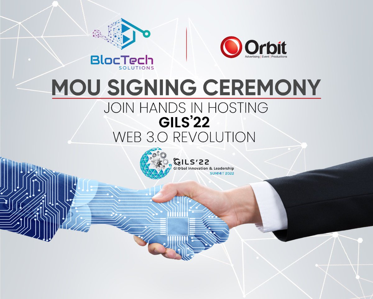 gils_22's tweet photo. Elated to share the MOU Signing between #BlocTech Solutions & #Orbit Advertising for the executions of @gils_22.ππ»
#gils22 #partnership #summit #web3 #startup #innovation #metaverse #blockchain #nft #technology #pakistan #global #islamabad #bloctechsolutions #OrbitAdvertising https://t.co/441sR4bWEz