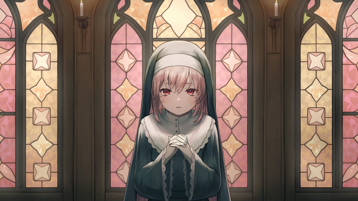 1girl stained glass nun solo looking at viewer pink hair own hands together  illustration images