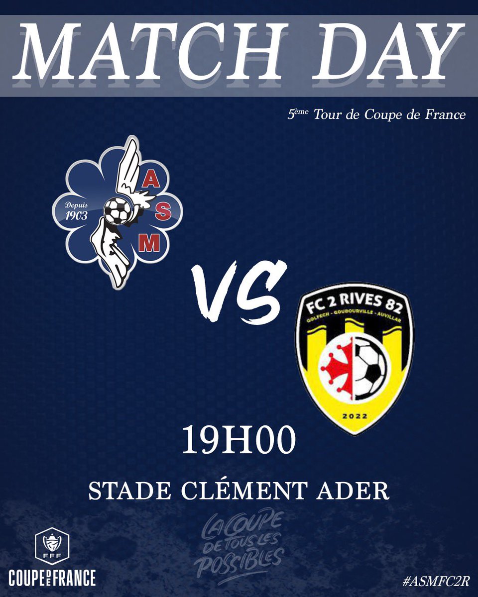 ASMuret's tweet photo. 🏆 | Coupe de France
🗓 | Samedi 08 Octobre
🆚 | FC 2 RIVES 82
👨 | Julien Roblez - Amira Amdouni - Lukas Gabin
🏟 | Stade Clément Ader
🕖 | 19:00
🎟 | Entrée 5€ - Gratuit pour les licenciés et les moins de 12 ans
#CoupeDeFrance #ASMFC2R
#ASMuret 🔵🔴 https://t.co/VpauXL8M1P