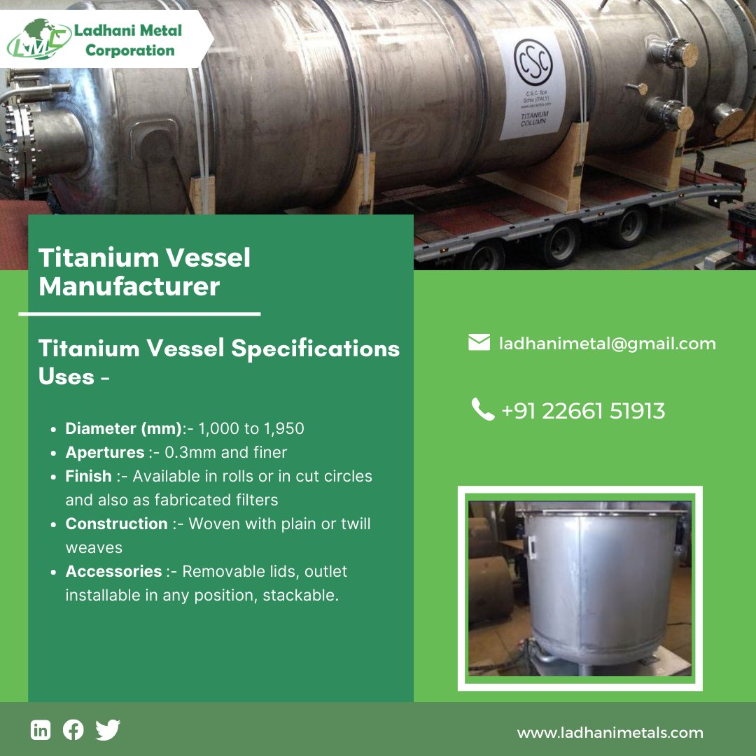 LadhaniMetals's tweet image. Titanium Vessel, Tank &amp;amp; Refineries Manufacturer in India

Ladhani Metal Corporation is one of the leading Titanium Vessel Manufacturers in India.

Source: ladhanimetals.com/titanium-vesse…
Mail: ladhanimetal@gmail.com
Contact: +91 22661 51902
#titanium #titaniumtank #titaniumvessel