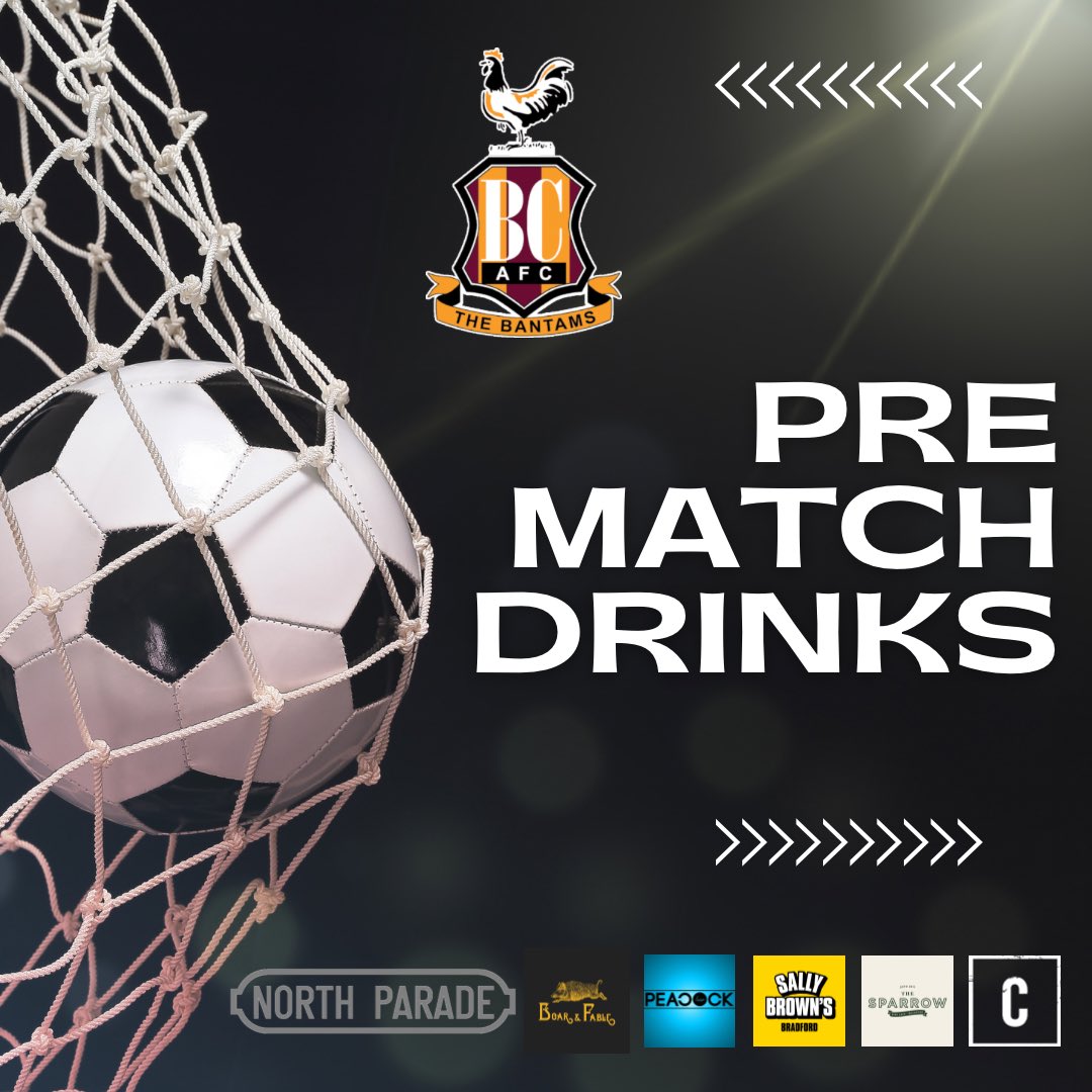 All of your favourite North Parade venues are open today for pre match drinks and food in a safe, family friendly atmosphere
.
#football #bradfordfood #bradfordcityofculture2025 #bradfordatnight #BCAFC