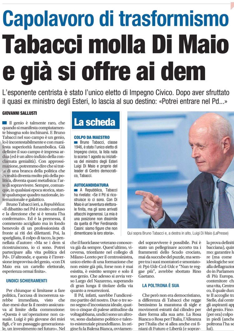GioSallusti's tweet image. Il genio è talmente raro, che quando si manifesta bisogna inchinarsi. E Bruno #Tabacci è incontestabilmente un genio, nel suo campo. Non la politica, qualcosa che è molto di più, quasi metafisica: l’arte di sopravvivere…
Il colpo di tacco dell’eterno Dc, oggi su @Libero_official