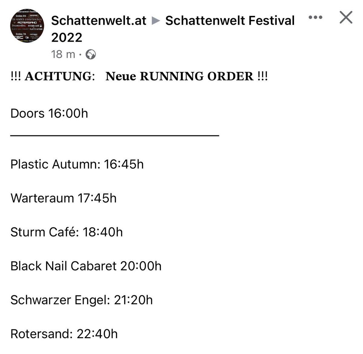VIENNA PEOPLE!!! 
I‘m playing at Schattenwelt Festival today!

A very last minute thing and a proof that we live in a Matrix, but COME! There are still tix at the doors!