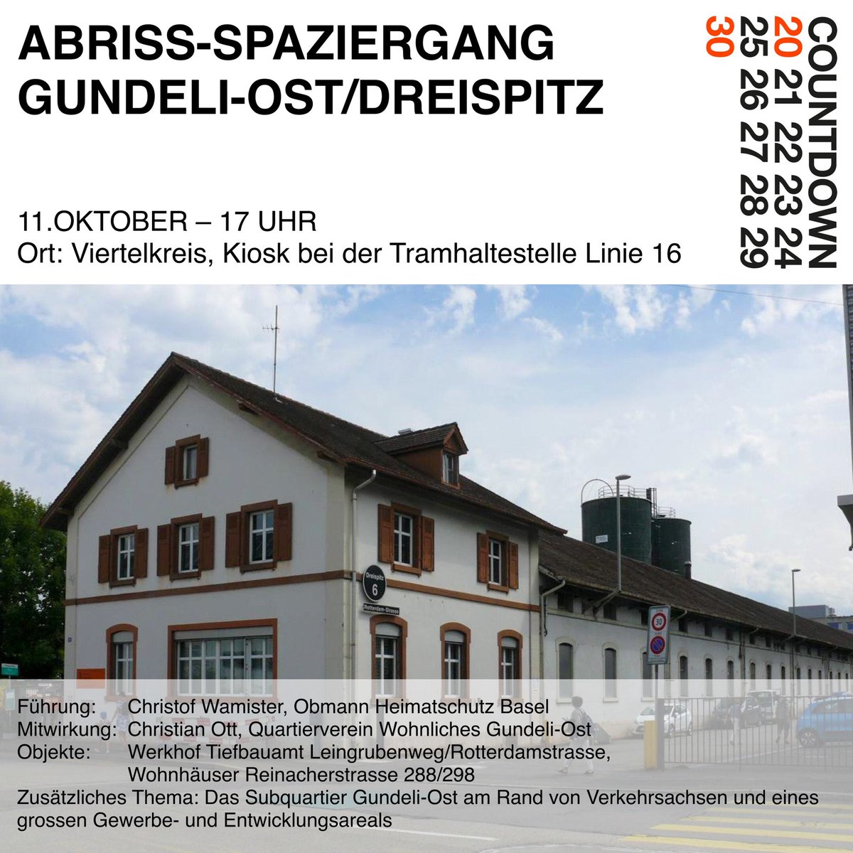 Im Rahmen der Ausstellung ‹Die Schweiz. Ein Abriss› wird ein ‹Abriss-Spaziergang› durchgeführt.  Zwei Gebäude werden besucht. Die Bauherrschaften, der Kanton und die sozial engagierte Christoph Merian-Stiftung, sehen keine andere Möglichkeit als den Abbruch und Neubau.