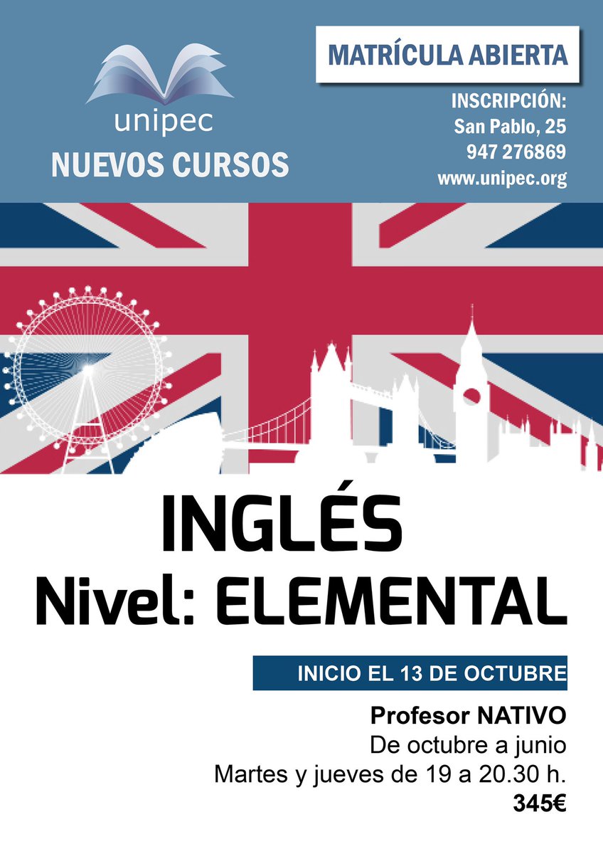 unipecburgos's tweet photo. Matrícula abierta para el curso de inglés nivel elemental. Inició el 13 de octubre. Martes y jueves de 19:00 a 20:30. #UNIPEC #ingles https://t.co/KHLiHQEUWA