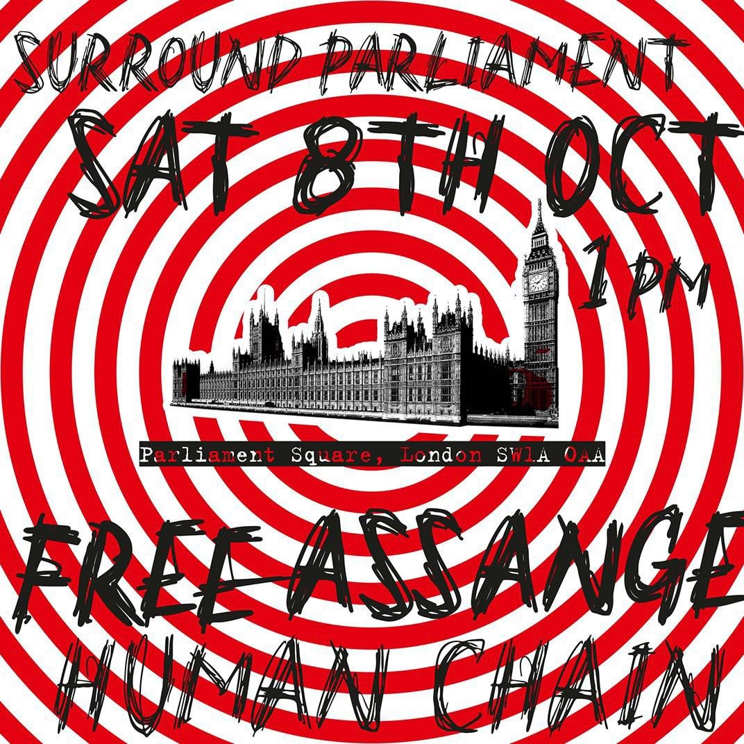 In London this afternoon? Join the momentous Surround Parliament protest calling for the immediate release of Julian Assange: 1pm, Parliament Square #SurroundParliament #HumanChain