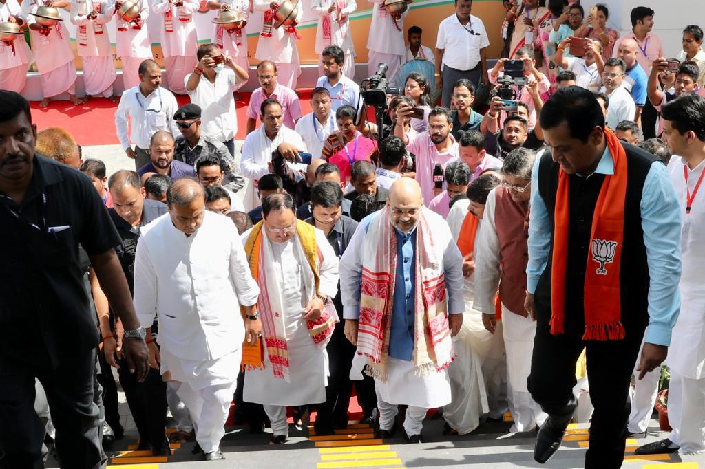 BJP4Rajasthan's tweet photo. BJP National President Shri @JPNadda and Union Home Minister &amp; Minister of Cooperation Shri @AmitShah inaugurated ‘Atal Bihari Vajpayee Bhawan’, the newly built @BJP4Assam state headquarters in Guwahati, Assam. https://t.co/Wz7XglQJ5l