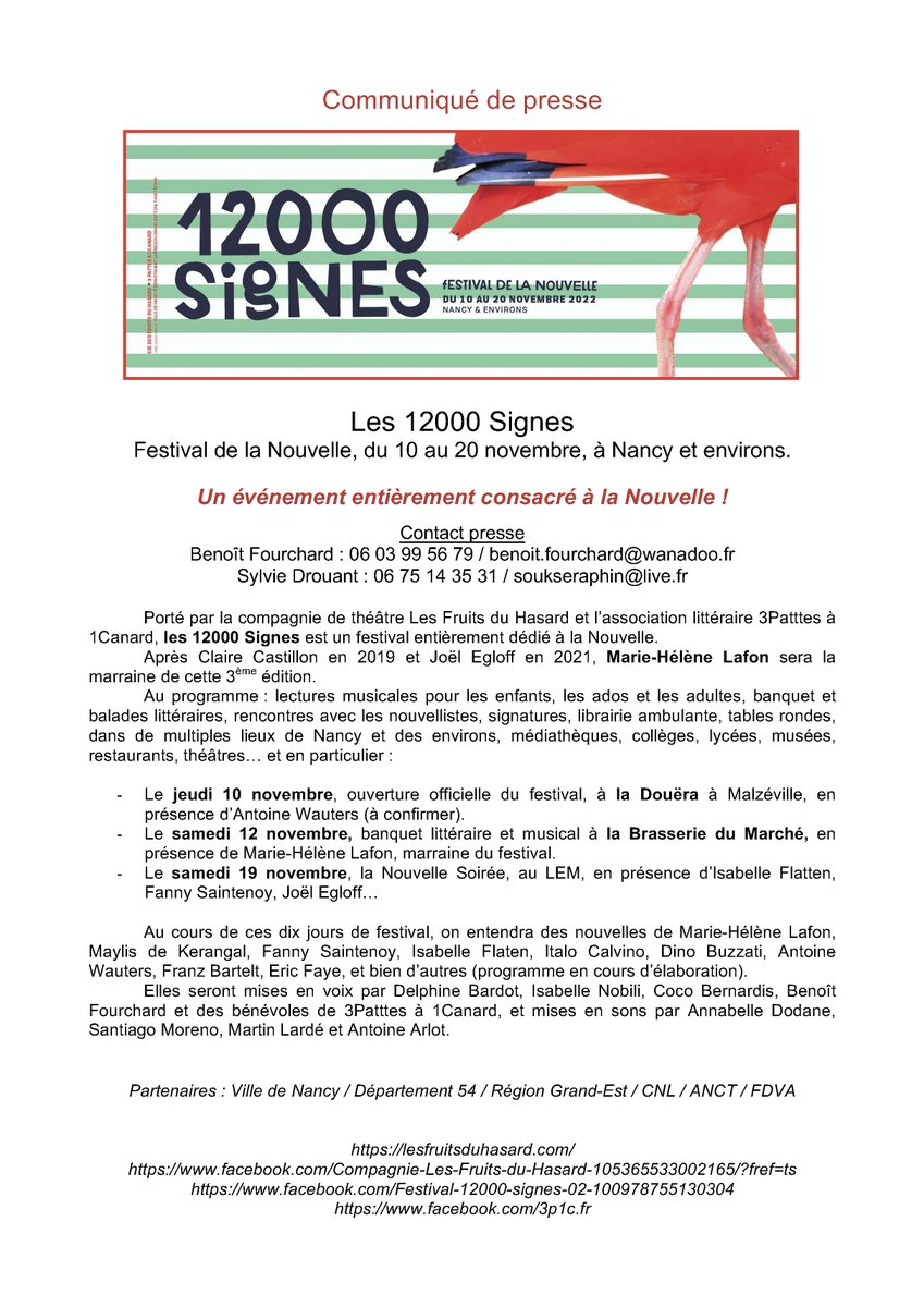 Les 12000 Signes Festival de la Nouvelle, du 10 au 20 novembre, à Nancy et environs
bit.ly/3RLmC5a