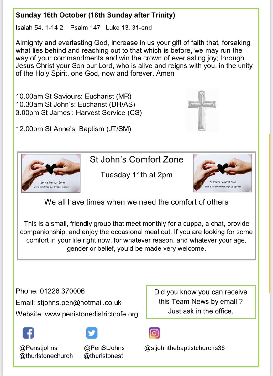 Hope you’re all having a lovely Saturday. Here’s our Team News for the week ahead, including our list of services. It’s Cafe Church tomorrow; a service where you can enjoy tea, coffee and biscuits throughout! ☕️ #penistone