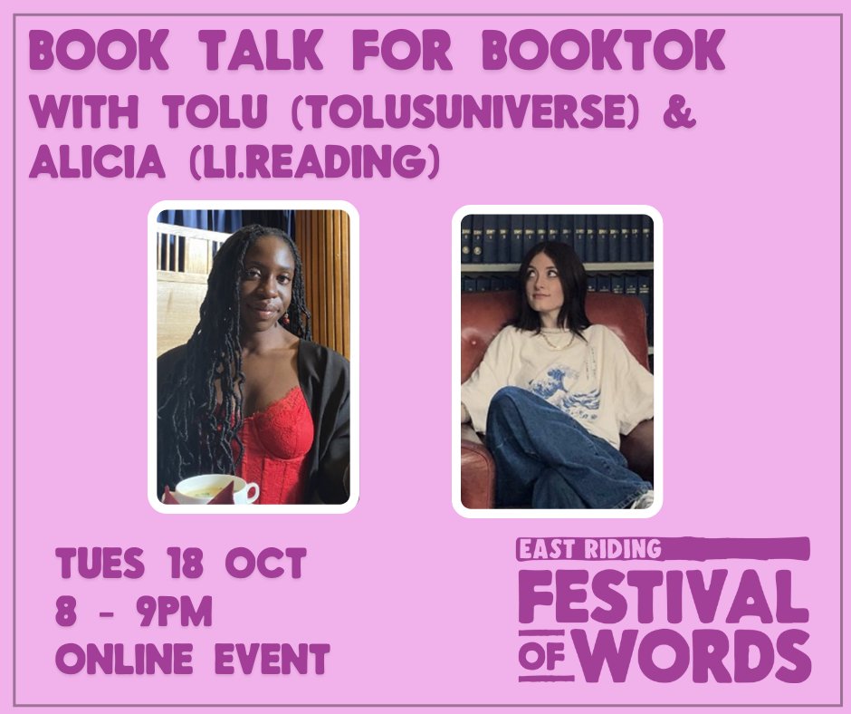 📖BOOK TALK FOR BOOKTOK (Online)

Join us for an online panel where we discuss the internet phenomena of BookTok with TikTok influencers Tolu (Tolusuniverse) and Alicia (Li.Reading) 

📆 Tuesday 18 October
🕗8-9pm
GET YOUR FREE TICKETS: orlo.uk/BookTok_dHWUG