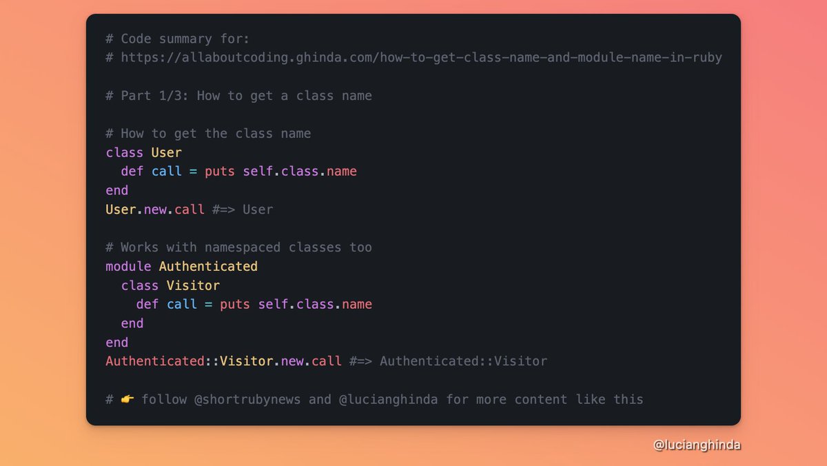 shortrubynews's tweet photo. #codesummary #code #summary #ruby
This is a code summary for https://t.co/rm0g4ueuWN
about how to get class name and module name
Part 1/3: How to get a class name https://t.co/1BRA1XL77i