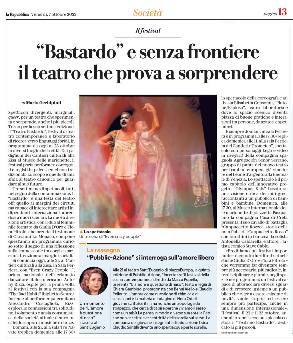 teatrobastardo's tweet photo. #TB22 / #rassegnastampa 

Il @teatrobastardo 2022 esplora le frontiere della scena
di @MaOcchipinti @rep_palermo 

Al via l'edizione 2022 tra i @Cantieri_Zisa e il @MuseoPasqualino 

https://t.co/jw6Uxk2q4t https://t.co/7jsbteBv5k