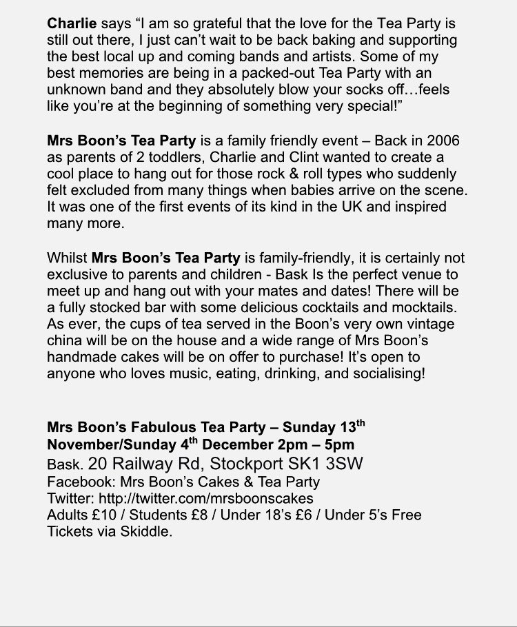 Hey (Tea) Party People! Mrs Boon’s Tea Party is back! Relaunching at @thisisbask Stockport Sun 13th Nov. Live music by <a href="/LotteryWinners/">Lottery Winners</a> &amp;  @DanSelwood1.I’ll be DJing &amp; <a href="/therealmrsboon/">Charlie Boon</a> will be serving up her amazing homemade <a href="/mrsboonscakes/">Mrs Boon</a>!Tickets here skiddle.com/whats-on/Stock… xxx