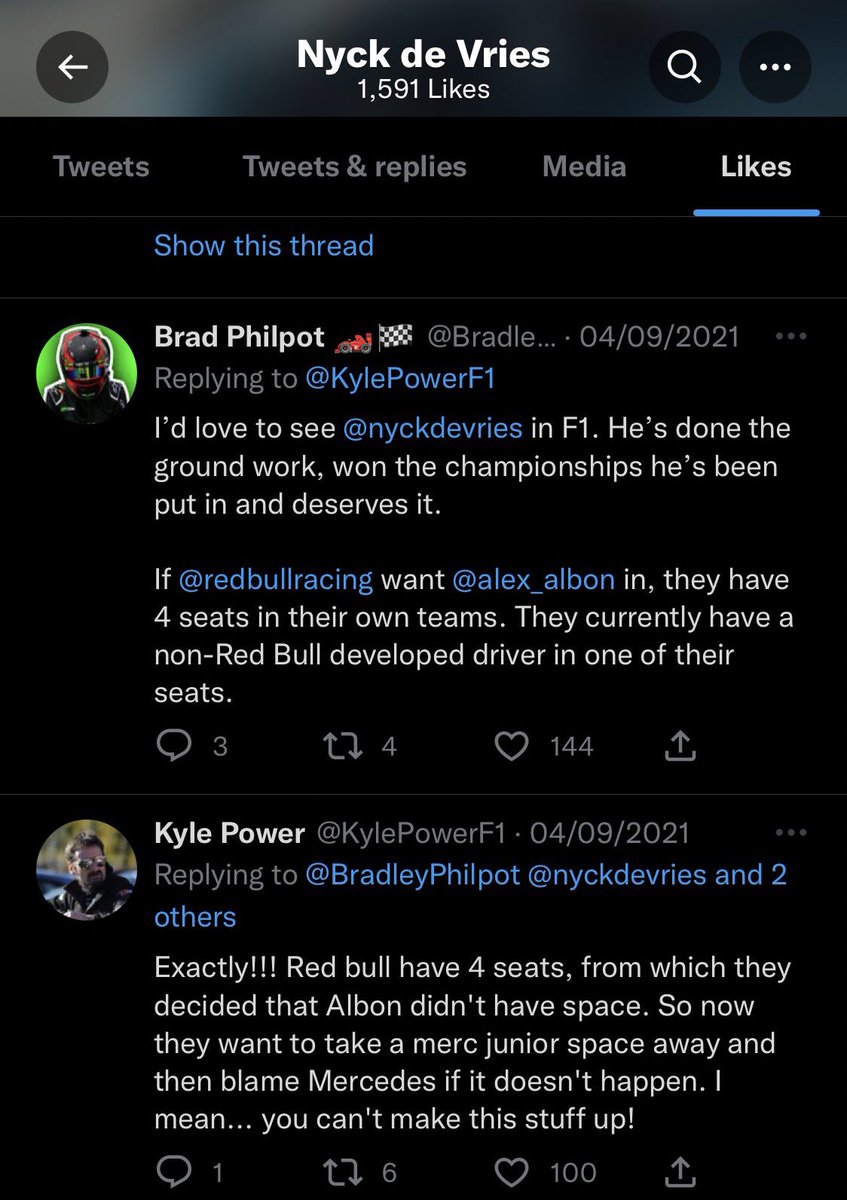 De Vries really went from complaining that a Red Bull driver (Albon) “took a merc junior driver’s seat” at Williams to.. taking the seat that usually goes to Red Bull juniors lmfao😭😭