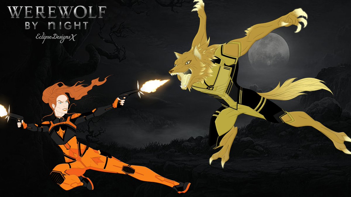 EclipseDesignsX's tweet photo. OMG!!! I completely forgot #WerewolfByNight 🐺came out yesterday so had to spend the day drawing my take on the character fighting #ElsaBloodstone. I'm so excited to watch it later tonight, super high expectations 😆😅 #midnightsuns #mcu #marvel #howlingcommandoes #blade #monster https://t.co/wWK4MTgE7W