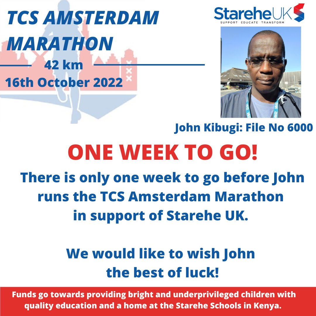 StareheUK's tweet photo. ONE WEEK TO GO!

There is only one week to go before John runs the @TCSadammarathon  in support of Starehe UK. 

Thank you, John, for raising funds for Starehe UK!

If you'd like to donate, please use John's JustGiving website: https://t.co/rZ43VcJmWb https://t.co/CcPtHszcE5