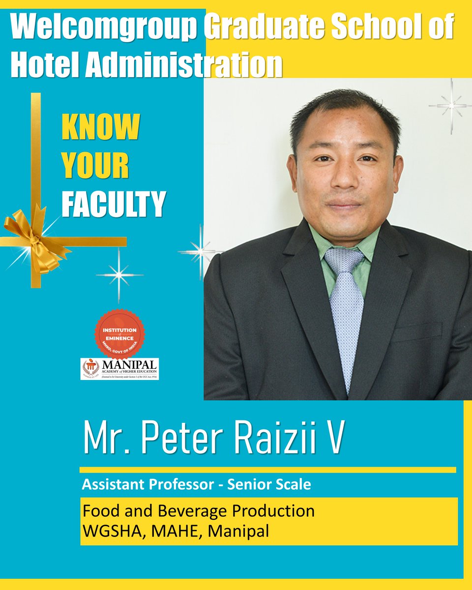 WManipal's tweet photo. Meet Peter Raizii V - An Asst. Professor-Senior Scale in the Department of #FBProduction @WManipal
He completed his https://t.co/3R80HUIdVg. in #Hospitality and Hotel #Administration from IHM Goa in the year 2010
@ThiruChef @MAHE_Manipal @ITCHotels
#wgshafaculty #KnowYourFaculty https://t.co/nv43azwPQS
