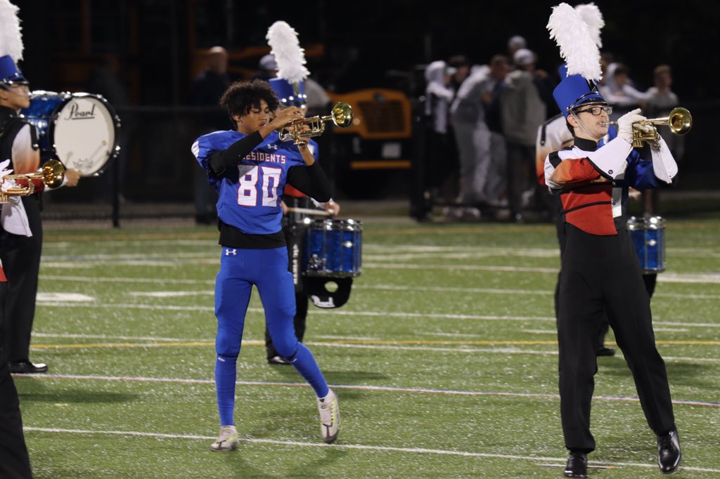 JoeGiza's tweet photo. Quincy high school sophomore WR/DB Jayden Francois performing with the Quincy North Quincy band at halftime https://t.co/MfFLhI3uKk