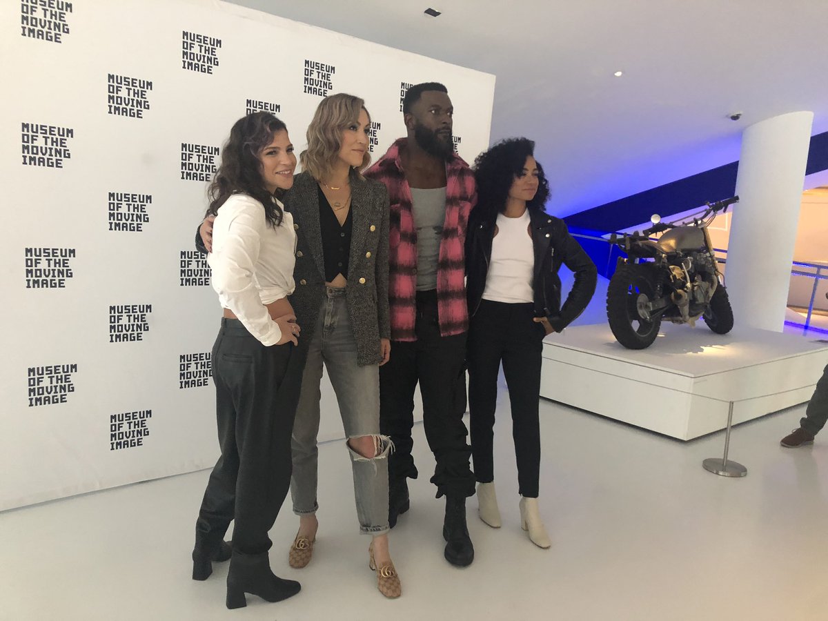 MovingImageNYC's tweet photo. Thanks, @WalkingDead_AMC, for visiting us this morning! @paola__lazaro, Eleanor Matsuura, Michael James Shaw, and @LaurenRidloff stop for a photo (next to Daryl’s bike 👀) before heading into the #TWDMoMI exhibition! https://t.co/zP6H0UdZgr