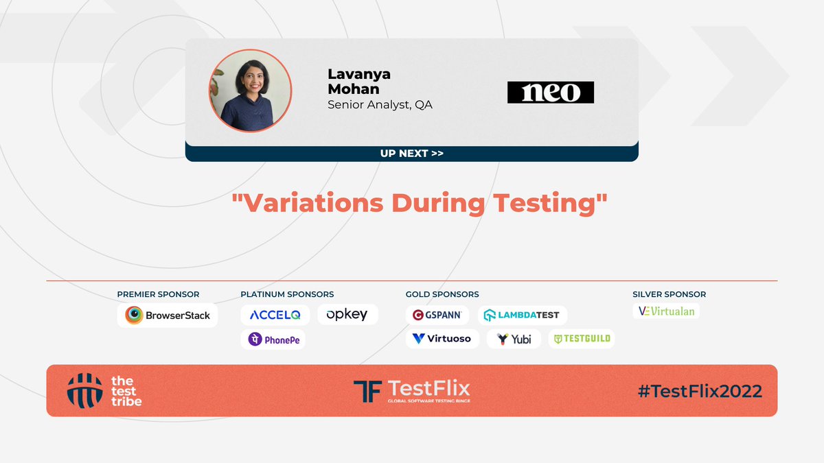 Lavanya Mohan <a href="/LavanyaMohan210/">Lavanya Mohan</a> is our next speaker, speaking on the topic  "Variations During Testing"!

#TestFlix