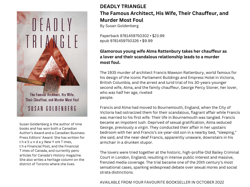 Join Susan Goldenberg for a book signing the afternoon of October 15, 2022 at the Indigo, Yonge and Eglinton Centre