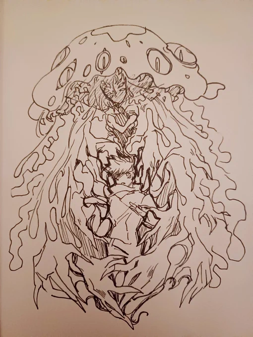 I don't post sketches here but I need everyone to percieve my 1 juju kaisen thought of Junpei as Yuuji's giant jellyfish monster it's how I cope with canon. 