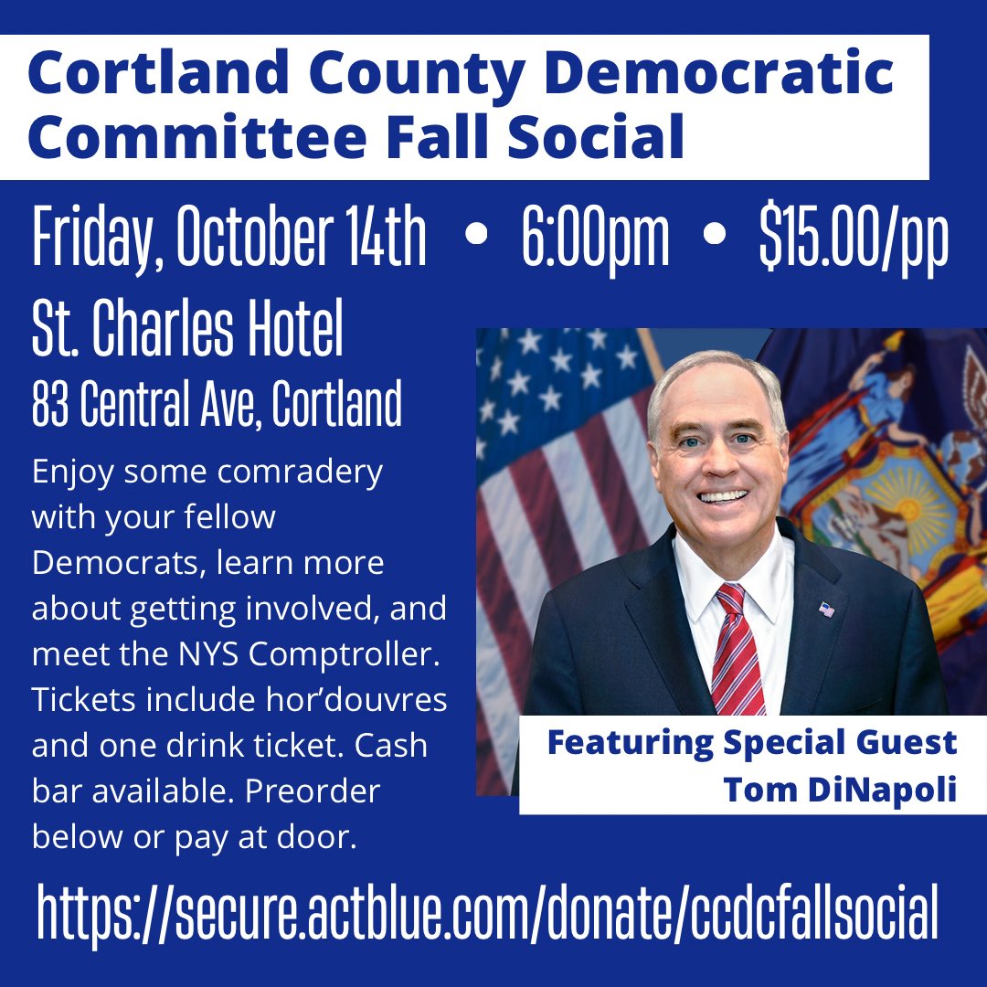 CortlandDems's tweet photo. Get your tickets here or pay at the door:
https://t.co/MOer7LbYaX
Come spend some time with us! We need your help and want to get to know you better. This is also a great chance to meet NYS Comptroller Tom DiNapoli. See you on Friday! https://t.co/lWNX4ogEda