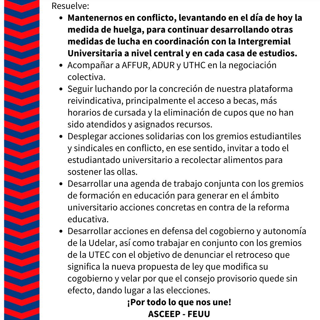asceepfeuu's tweet photo. Declaración de la FEUU sobre el conflicto universitario y el levantamiento de la huelga.
@PITCNT1 @JovenesPITCNT @adur_udelar @affur_prensa @UthcPitcnt https://t.co/nYxy5gek74