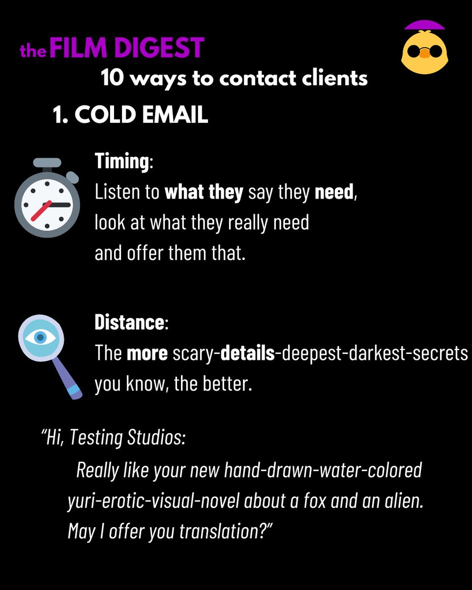 TheFilmDigest's tweet photo. 1° Cold Email
By default, emails are cold and anon, but can get hot, with the right timing, and get personal, by closing the distance.
Timing: Offer them what they need.
Distance: Let them know you know them. https://t.co/KIzDRsJ7m0