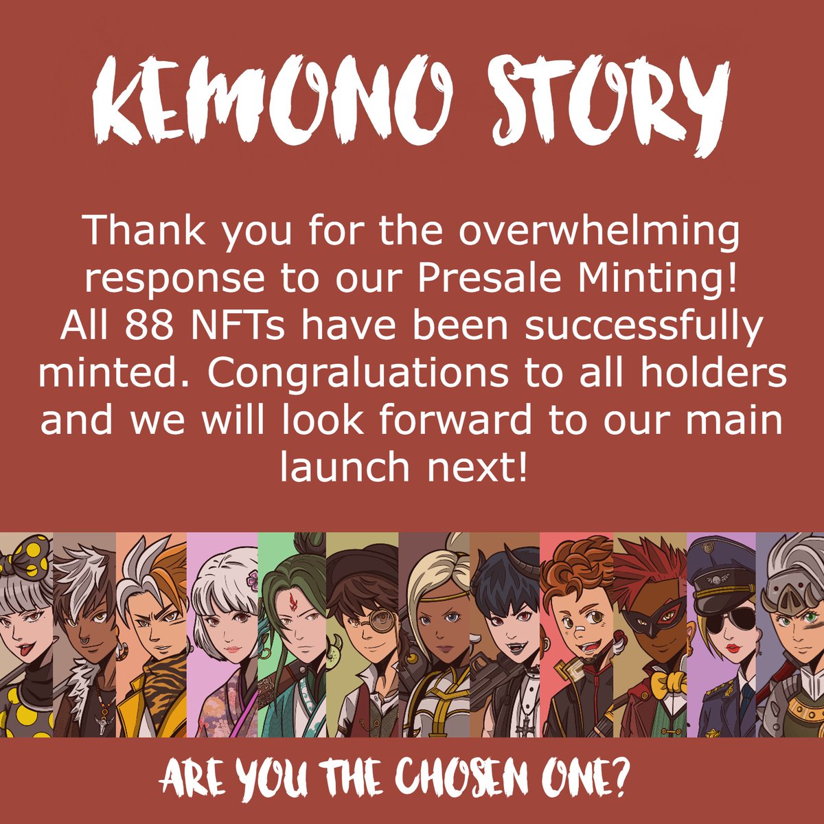 Many thanks for the awesome support, you know who you are! Stay tuned for our next event coming soon! Kemonoverse🚀

#kemonoverse #kemonostory #majinstudios #NFTs #NFTartwork #NFTProjects #NFTpromotion #NFTsale #PlayToEarn #nftgames #presale #hype