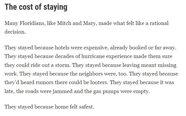 Eli Murray (@eli_mur) on Twitter photo People in coastal flood zones should read this. Storm surge is violent.
<a href="/ZackSampson/">Zack Sampson</a> <a href="/BetsBarnes/">Bethany Barnes</a> <a href="/KirbyWTweets/">Kirby Wilson</a> & <a href="/LaurenMPeace/">Lauren Peace</a> describe the litany of reasons one might stay in an evacuation zone and why you absolutely should not.
tampabay.com/hurricane/2022… People in coastal flood zones should read this. Storm surge is violent.
<a href="/ZackSampson/">Zack Sampson</a> <a href="/BetsBarnes/">Bethany Barnes</a> <a href="/KirbyWTweets/">Kirby Wilson</a> & <a href="/LaurenMPeace/">Lauren Peace</a> describe the litany of reasons one might stay in an evacuation zone and why you absolutely should not.
tampabay.com/hurricane/2022…