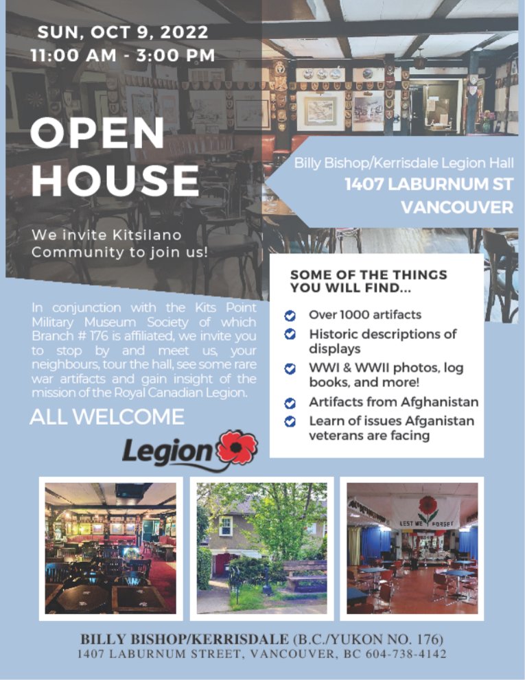 SeaforthAssoc's tweet photo. To mark the beginning of Legion Week this Sunday Oct. 9th the Billy Bishop/Kerrisdale Royal Canadian Legion Branch 176 is hosting an Open House, 11:00 AM to 3:00 PM. All are welcome! Come and learn about the Legion's mission to support Canadian veterans. #LegionWeek https://t.co/XBNpcoUviL