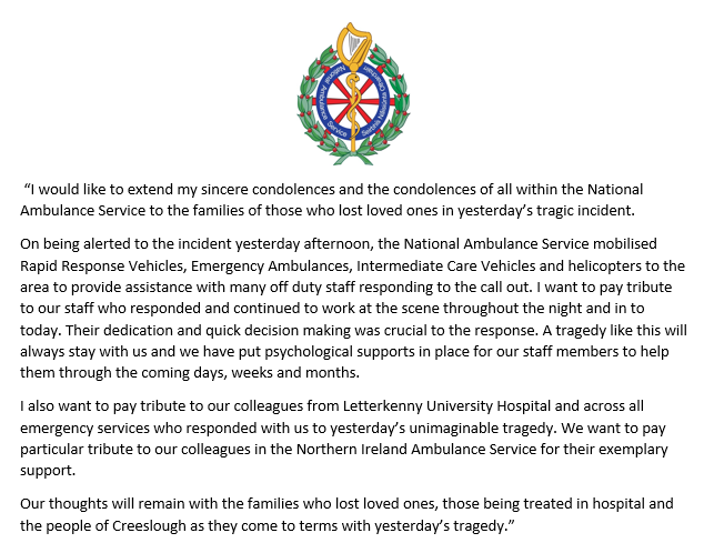 AmbulanceNAS's tweet photo. National Ambulance Service Director, Robert Morton, has issued the following statement in relation to the tragic events at Creeslough, Co Donegal on Friday 7 October. https://t.co/MEdblhWmBV